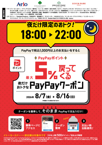 アリオ、グランツリー武蔵小杉、プライムツリー赤池、セブンパーク天美で｢夜だけ限定｣5%戻ってくるお得なクーポン