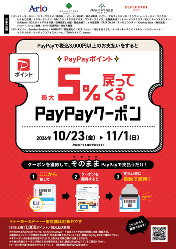 アリオ、グランツリー武蔵小杉、プライムツリー赤池、セブンパーク天美で5%戻ってくるお得なクーポン