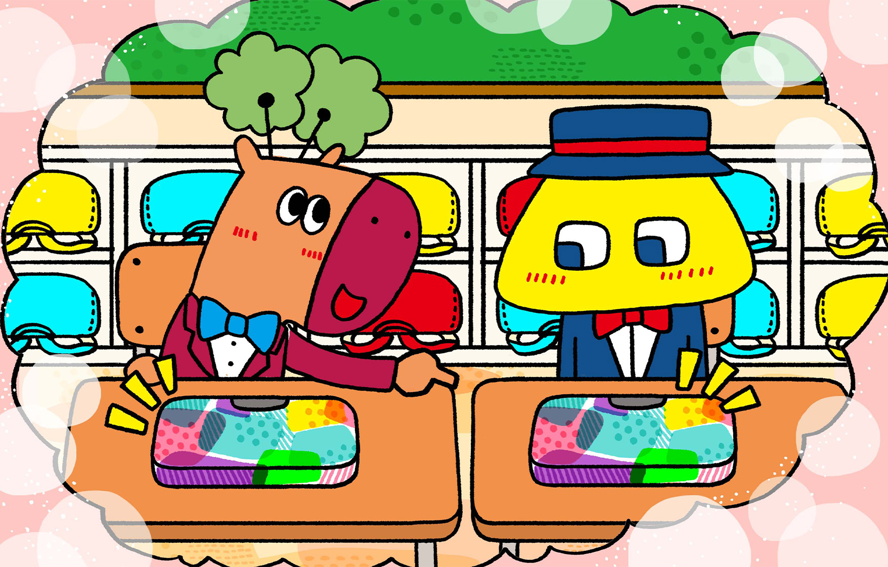 おなじ筆箱であることに気が付き、声をかけるコキノリン。はずかしそうにしているテンビーロウ。